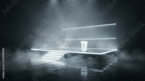 Podium stands alone on a dark stage illuminated by bright spotlights and heavy atmospheric fog.