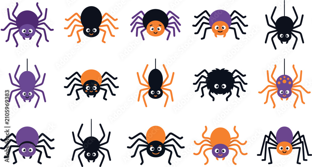 Fototapeta premium Colorful cartoon spiders collection for halloween decorations and spooky season designs
