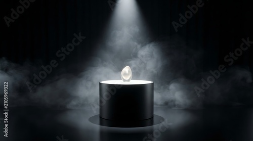 Crystal sphere rests on a circular black pedestal under a single concentrated beam of light in a dark room.
