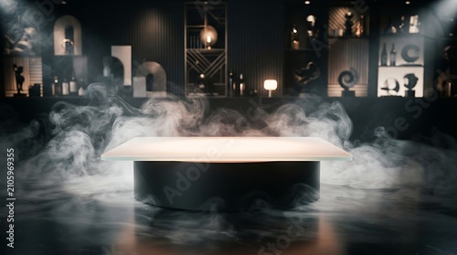 Podium display sits in a dimly lit studio environment surrounded by swirling mist and elegant decorative background elements.