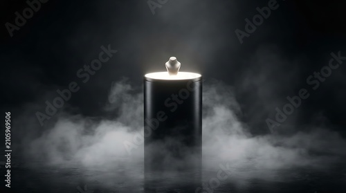 Cylinder stands as a product mockup surrounded by dense atmospheric smoke in a dark environment.