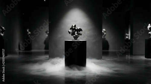 Sculpture rests on a black exhibition stand while dry ice fog swirls around the floor of the dark gallery.
