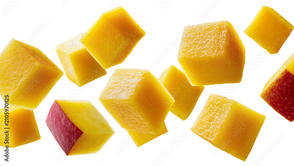 Obraz premium Isolated scattered fresh mango pieces, vibrant yellow fruit cubes for healthy eating.