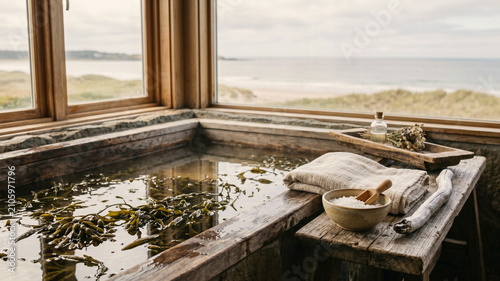 A serene spa tub filled with warm water and fresh seaweed strands, with a folded linen towel, sea salt bowl, and a wooden bath tray beside driftwood; soft window light, coastal calm, natural skin