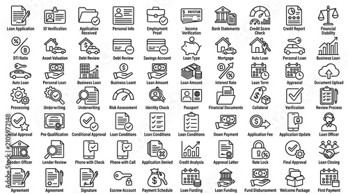 Loan symbols are presented in a comprehensive grid of black and white line icons for financial banking services.