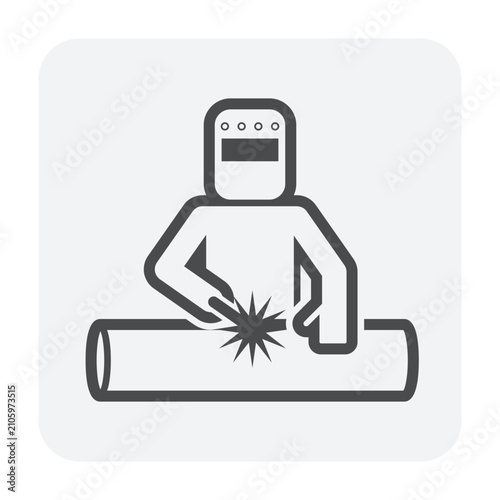 Pipeline welding worker vector illustration icon showing welder joining steel pipe with protective welding mask, industrial fabrication, pipeline construction, metalworking and skilled trades.