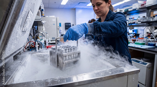 Researcher retrieving a frozen sample from cryogenic storage, Represents advanced biotechnology, data tracking, and medical research.