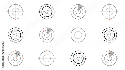 Fotografie Black and orange radar screen interfaces pack with sonar scans and targeting lines