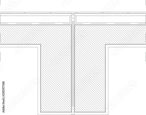 Foto Technical CAD detail of an expansion joint separating a central hatched slab from adjacent floor sections, topped with a threshold or beam connection
