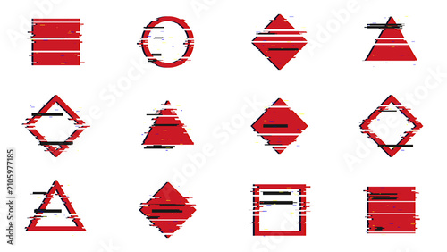 Red glitch geometric shapes set with digital distortion effect on transparent background.