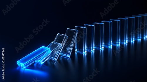 Glowing blue glass domino falling and starting a chain reaction representing business disruption and cause and effect