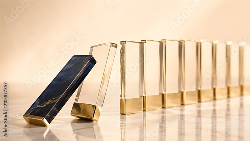 Luxury dark blue marble domino with gold veins pushing clear glass dominoes on a bright marble surface representing elegant business strategy