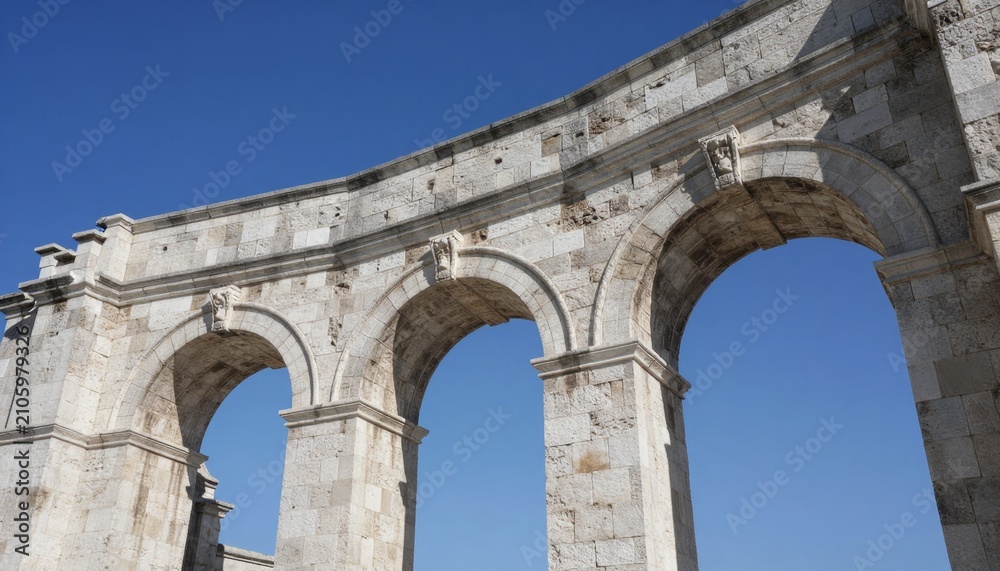 Obraz premium Ancient Roman Stone Aqueduct Arches Against Blue Sky