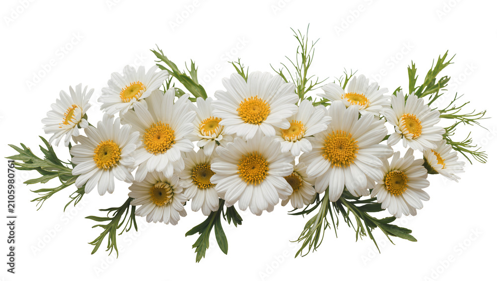 Obraz premium Isolated beautiful fresh vibrant white daisy flowers horizontal border arrangement natural blooms
