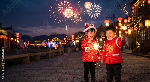 Asian girl and boy in traditional red clothing holding sparklers during Chinese New Year celebration. Happy children enjoy fireworks in historical street with lanterns at night.