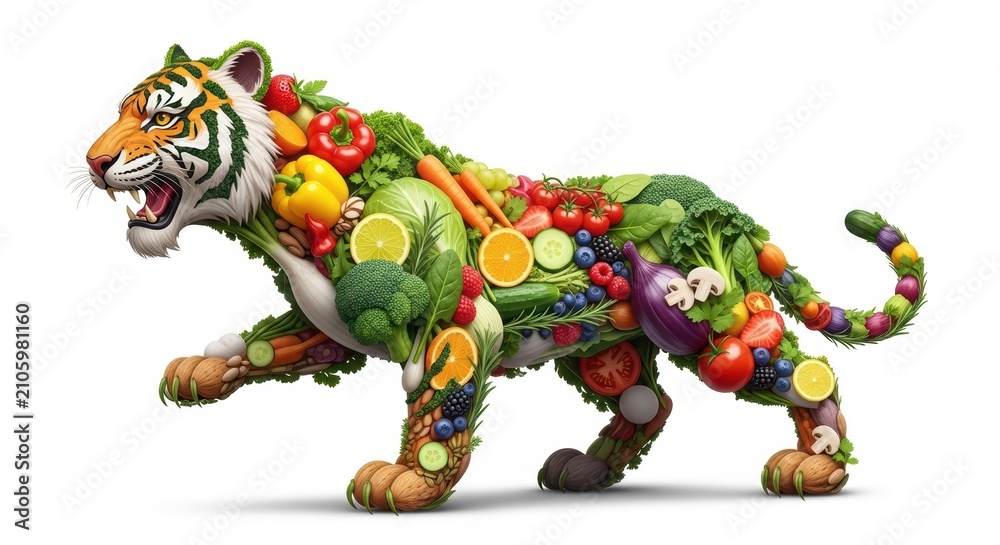 Fototapeta premium Tiger made of vegetables and fruits, healthy eating concept