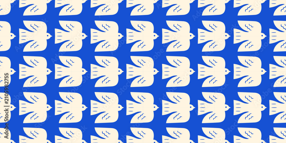 Obraz premium Abstract bird animal shape seamless pattern. Contemporary art flat cartoon background, simple birds flying in bright blue sky colors.
