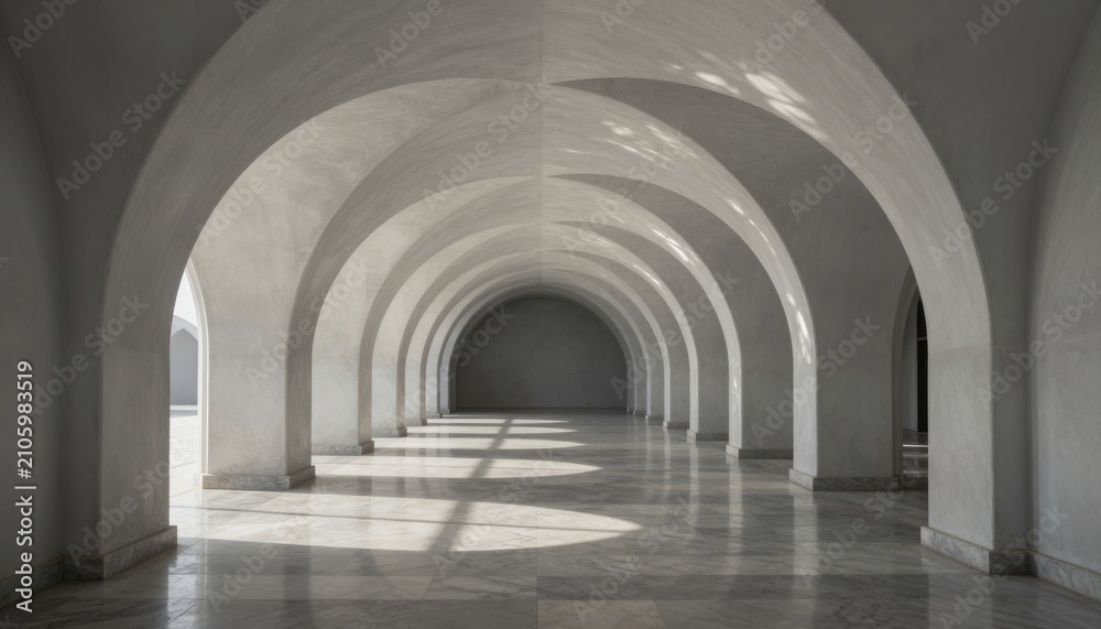 Naklejka premium Minimalist Marble Arched Hallway with Natural Sunlight