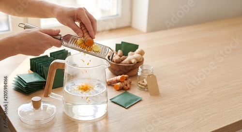 Woman grating turmeric root into glass teapot with water. Preparing healthy anti-inflammatory herbal drink. Organic lifestyle, wellness concept, cooking at home, natural immune booster.