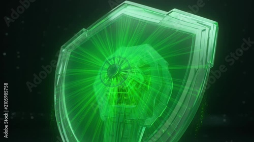 Futuristic green energy shield glowing with dynamic light rays in deep space
