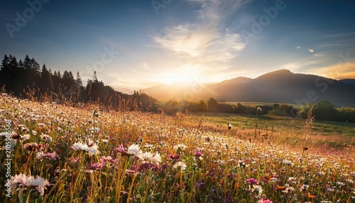 Serene Flower Field Landscape In Beautiful Setting Late Summer Towards Autumn
