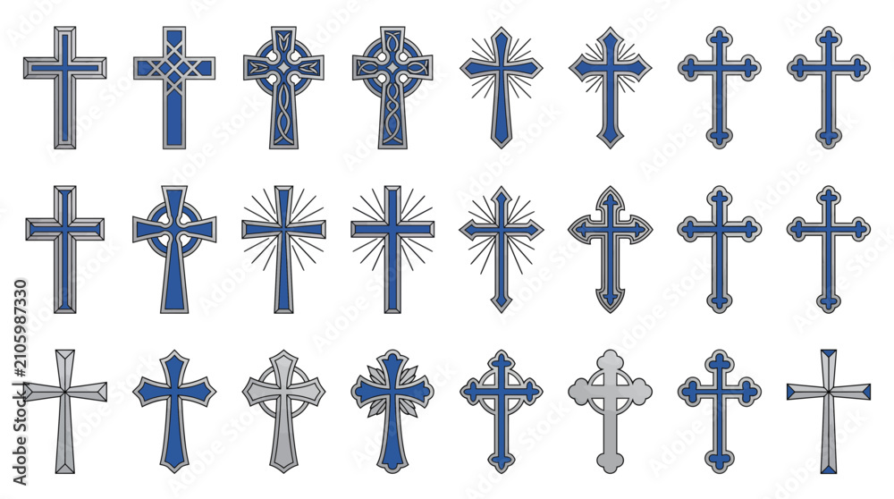 Fototapeta premium Collection of various Christian cross designs in blue and silver colors with celtic knots and sunburst patterns, provides versatile graphics for faith based projects and church branding
