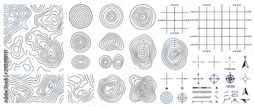 Photos Topographic Contour Lines and Map Elements Collection