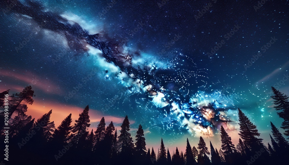 Fototapeta premium Night Sky With The Milky Way Over The Forest And Trees Surrounding The Scene