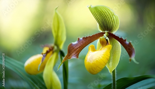 Orchid Yellow Ladyas Slipper Cypripedum Calceolus In Nature