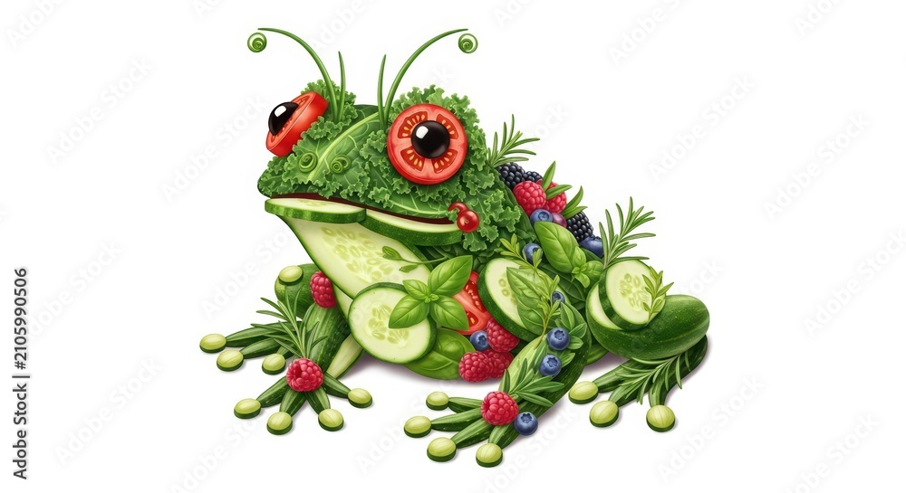 Fototapeta premium Creative frog made from fresh vegetables