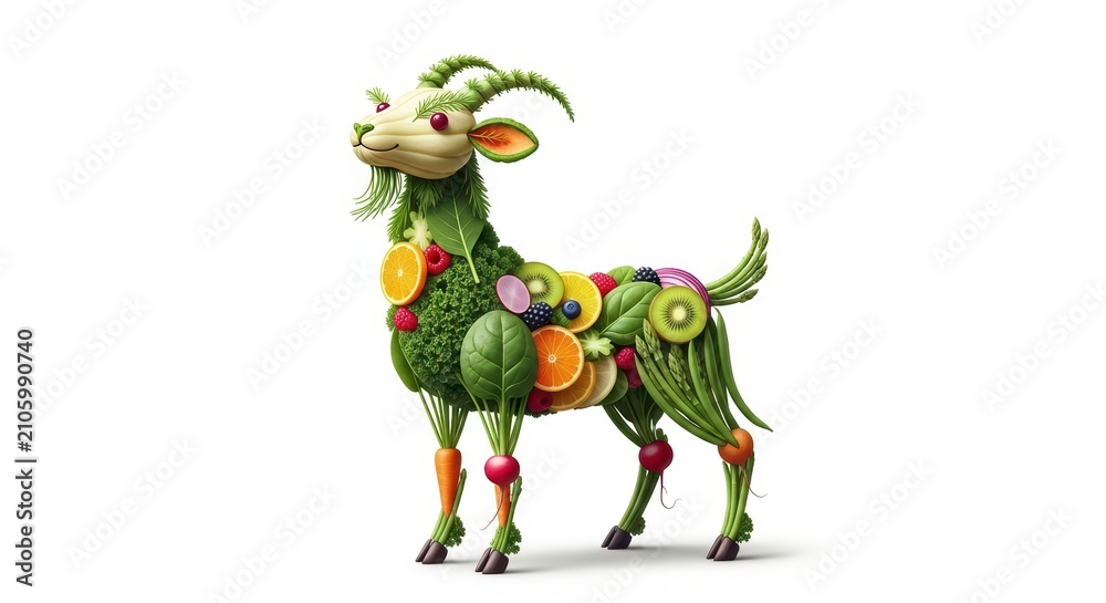 Fototapeta premium Creative goat sculpture made of fresh fruits and vegetables
