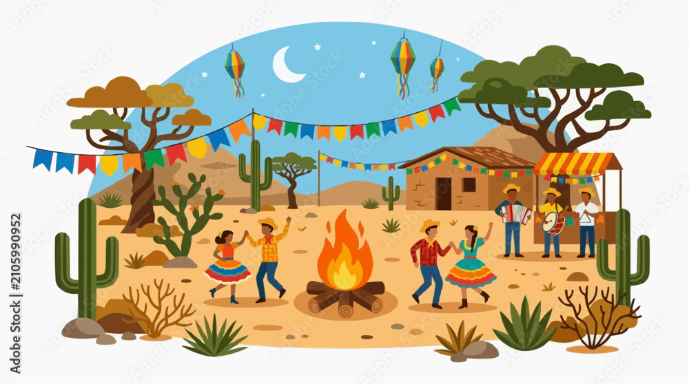 Naklejka premium Festa Junina Celebration in a Desert Village with People Dancing Around a Bonfire and Musicians Playing