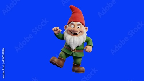 Adorable 3D cartoon gnome with a red hat and bushy white beard, standing cheerfully isolated on a bright blue background. Excellent for video compositing, fantasy game promos, children's video project