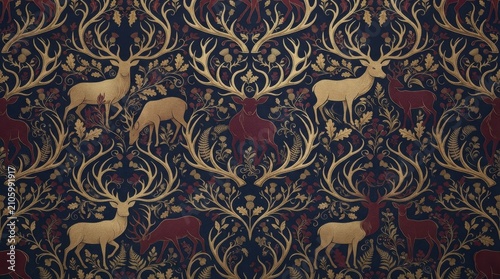 Scotland pattern vintage stag deer and floral motif textile design with scotland scottish ornament folklore highland