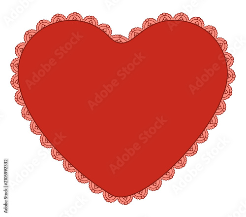 Scarlet pearl scallop lace heart border with ornate rose crochet trim encloses crimson center on white. as Victorian textile frame suited to valentine wedding invitations or romantic craft labels.
