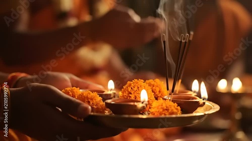 Religious Hindu puja ceremony with traditional brass thali offering burning oil lamps marigold flowers and incense sticks