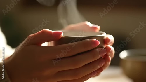 Close-up shot of gentle hands embracing a steaming cup, symbolizing warmth, relaxation, and the comforting ritual of a hot beverage on a serene day