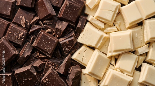 Dark and white chocolate pieces, rich indulgence and sweet treat macro close-up, food concept, copy space