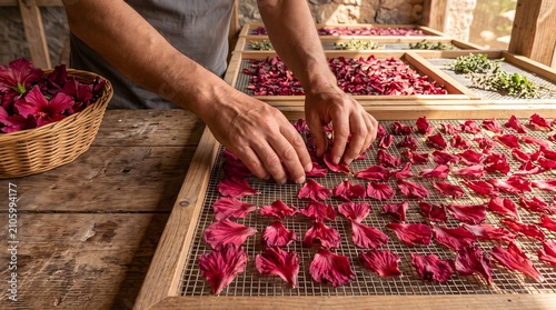 Hands arranging red flower petals on drying rack, herbal remedy and natural ingredient preparation macro close-up, food concept, copy space