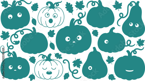 Foto Collection of cute cartoon pumpkins and gourds with fun expressions isolated on