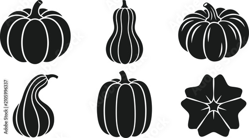 Obraz na płótnie Collection of stylized black silhouette gourds and pumpkins isolated on transpar