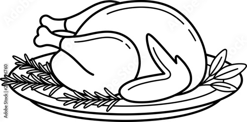 Obraz na płótnie Simple line art illustration of a roasted chicken garnished with rosemary on a p