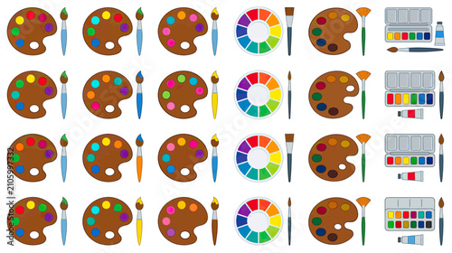 Art Supplies Pattern: Palettes, Brushes, and Color Wheels