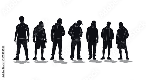 Group of Diverse People Standing in Line Silhouettes.