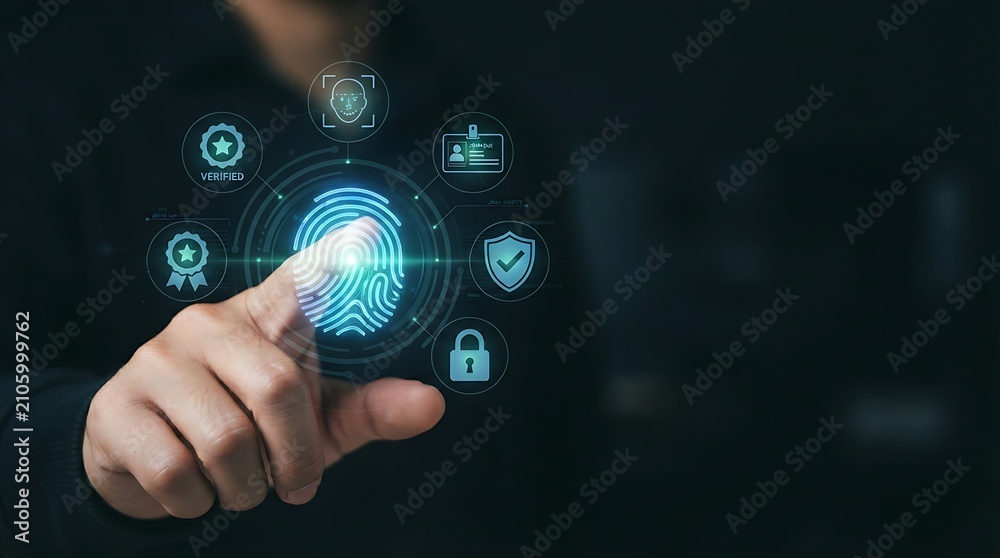 Fototapeta premium Anonymous professional hand with glowing holographic fingerprint icon representing biometric identity verification and digital authentication for enterprise access management.