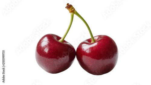 Foto Isolated fresh ripe red cherries on a stem, delicious sweet vibrant summer fruit snack