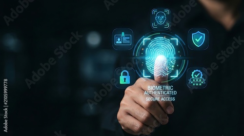 Anonymous professional hand with glowing holographic fingerprint icon representing biometric identity verification and digital authentication for enterprise access management.