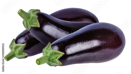 Obraz na płótnie Isolated three fresh organic ripe eggplants with vibrant dark purple skin and gr