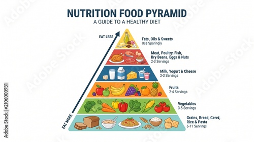 A colorful nutrition food pyramid infographic illustrating a healthy diet guide with various food groups and recommended daily servings.