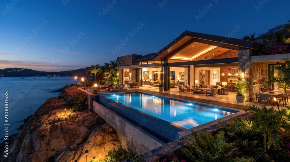 Fototapeta premium Modern cliffside house with infinity pool at blue hour